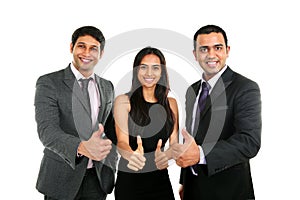 Asian Indian businessmen and businesswoman in group with thumbs up