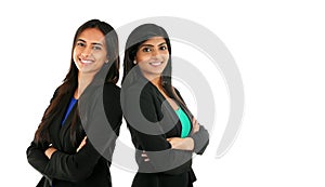 Asian Indian businesswoman in group standing with folded hands