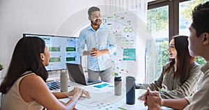 Asian Indian man lead young group of multiethnic businesspeople in team meeting, using laptop computer for ESG topic presentation