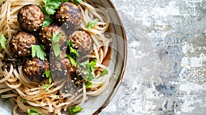 Asian-Inspired Meatballs with Noodles and Sesame Seeds