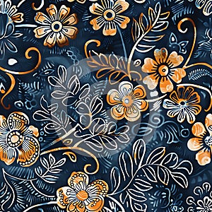 Asian inspired repeating gold and blue floral pattern