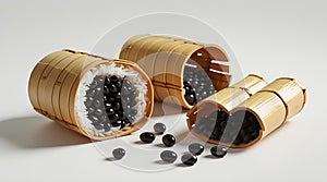 Asian inspired rice and black beans in traditional bamboo containe photo