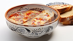 Asian-inspired Soup And Bread In A Light Gold And Red Bowl