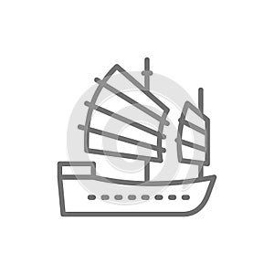 Asian Junk boat, Hong Kong ship line icon.