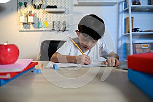 Asian Kid Boy Focused on Homework and Learning Alone in Room at Home, Serious Asian Kid Concentrating on Homework, Studying and