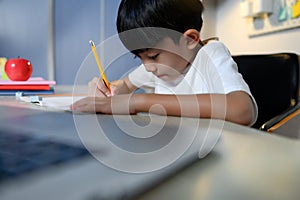 Asian Kid Boy Focused on Homework and Learning Alone in Room at Home, Serious Asian Kid Concentrating on Homework, Studying and