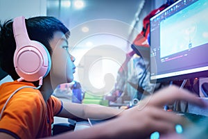 Kid is coding and scripting program on on his game streaming desktop computer with headphone on