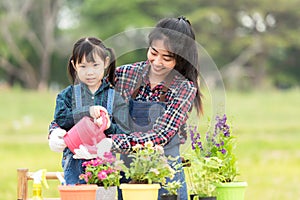 Asian kid daughter helping mother water and sapling the plant tree outdoors