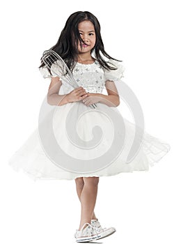 Asian kid girl in white dress isolated on white background