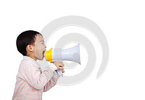 Asian kid shouts something by megaphone
