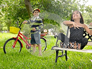 Asian kids playing in the park