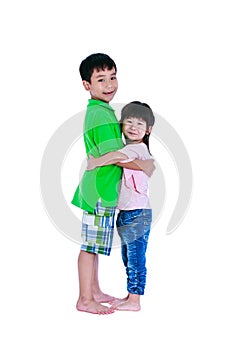 Asian kindly brother hugging his sister smiling happy together,