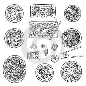 Asian kitchen. Chinese national cusine food top view korean oriental menu vector collection photo