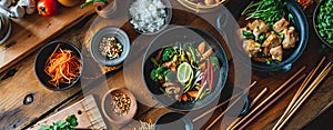 Asian kitchen table with food bowls, wok , stir fry, chopsticks and ingredients on wooden table, top view,