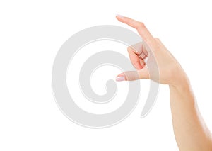 Asian,korean female hand measuring invisible items, woman`s palm making gesture while showing small amount of something on white