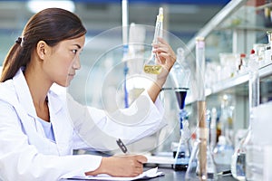 Asian Laboratory scientist working at lab with test tubes