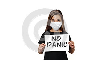 Asian lady standing with order delivery text front view in white plain background. Young long hair lady looking straight wearing f