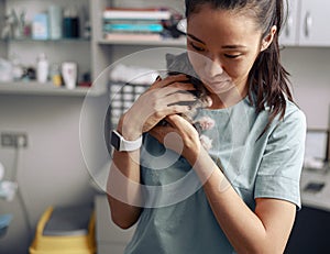Asian lady veterinarian embraces adorable kitten in modern clinic office
