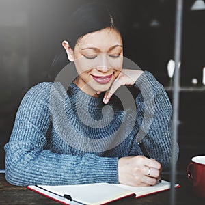 Asian Lady Writing Notebook Diary Concept