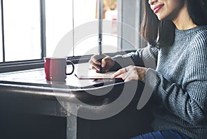 Asian Lady Writing Notebook Diary Concept