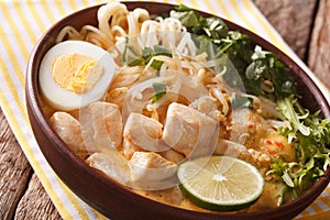 Asian Laksa soup with chicken, egg, noodles, sprouts and coriander. Horizontal