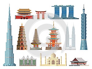 Asian landmarks. Flat color historical city buildings and constructions, cultural tourist excursions places. Hong Kong photo