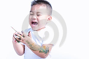 Asian little baby childhood very happy he playing use paintbrush draw watercolor