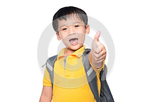 Asian little boy giving you thumbs up over white background