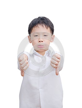 Asian little boy making thumbs down gesture with both hands