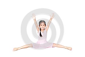 Asian little child girl dancer ballet ballerina stretching isolated on white background. Beautiful children in pink tutu skirt