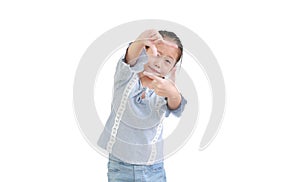 Asian little child girl making frame with fingers isolated on white background