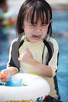 Asian Little Chinese Girl crying in Swimming Pool