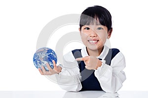 Asian Little Chinese Girl Holding a World Globe