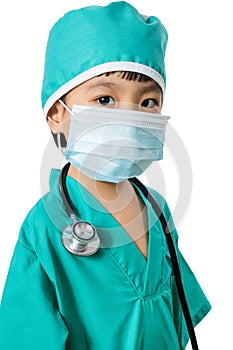 Asian Little Chinese Girl Playing a Doctor with Mask and Stethos