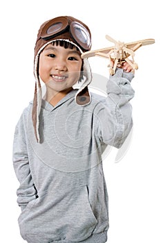 Asian Little Chinese Girl Playing with Toy Airplane