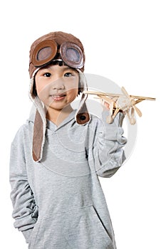 Asian Little Chinese Girl Playing with Toy Airplane