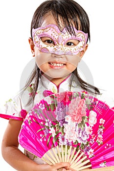 Asian Little Chinese Girl Wearing Mask and Holding Oriental Fan