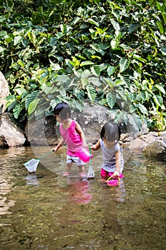 Asian Little Chinese Girls Playing in Creek