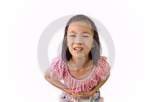 Asian little girl is painful stomach ache isolated on white background, child having food poisoning,Sickness and healthcare