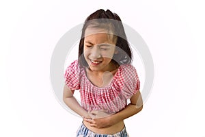 Asian little girl is painful stomach ache isolated on white background, child having food poisoning,Sickness and healthcare