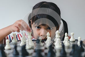 Asian little girl playing chess at home.a game of chess