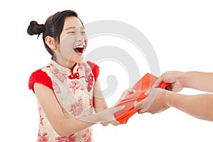 Asian little girl received red envelope