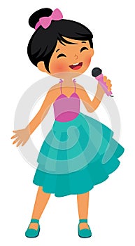 Asian little girl singing hold the microphone