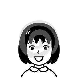 Asian little girl, smiling, vector illustration, black and white