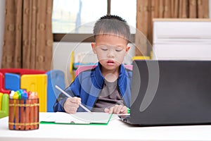 Asian little kid drawing and using laptop computer studying homework during his online lesson at home, Kindergarten closed during