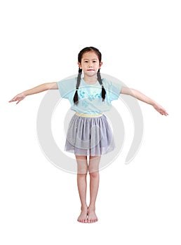 Asian little kid girl with pigtail hair standing and open wide arms isolated on white background. Full length