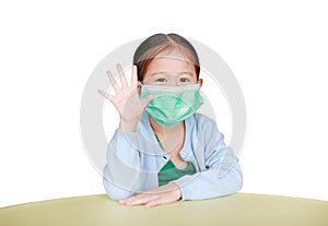 Asian little kid girl wearing protective mask with showing five fingers isolated on white background