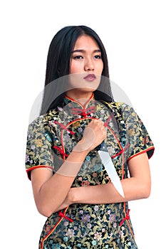 Asian long hair woman holding knife