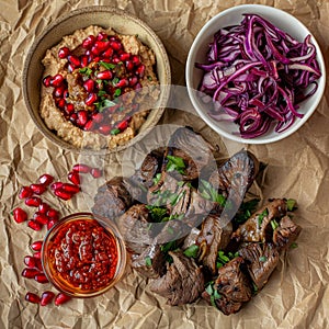 Asian Lunch with Fried Lamb Tongues, Pomegranate Seeds, Pickled Cabbage, Eggplant Hummus