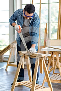 Asian male carpenter woodworker engineer in jeans outfit with safety gloves and glasses goggles using hand saw cutting wood stick